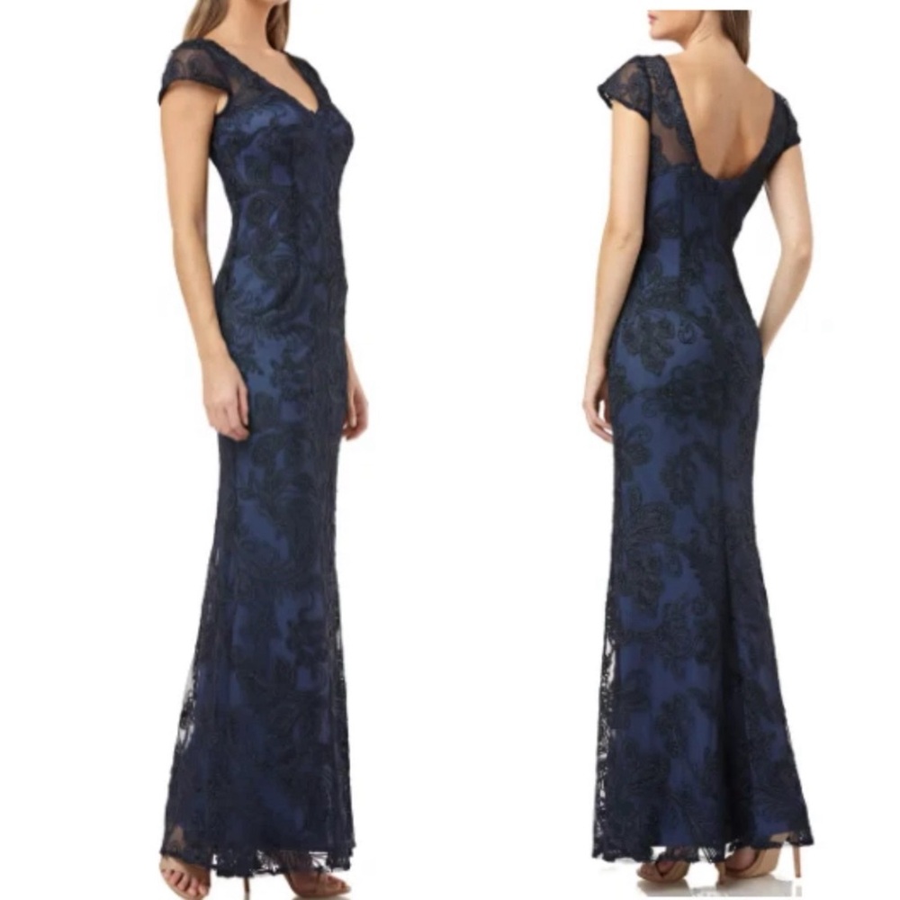 JS Collections Soutache Embroidered V-neck trumpet gown beaded navy Lace Dress